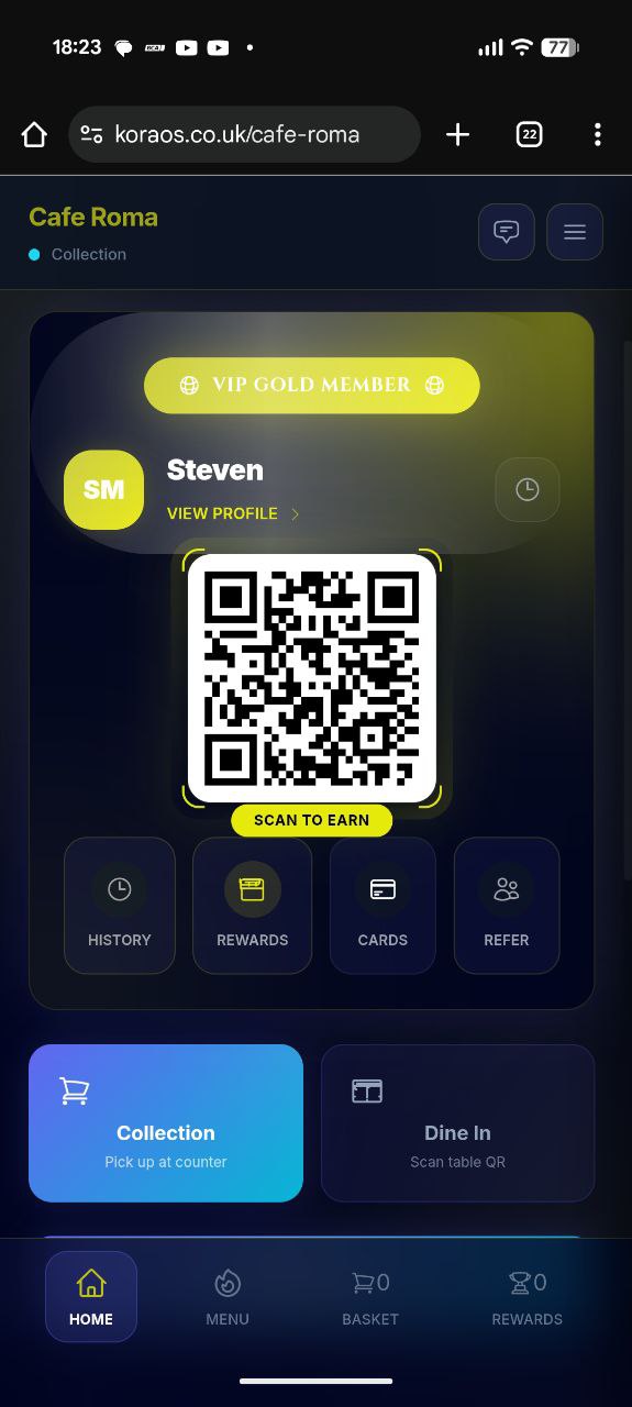 Cafe Roma app — VIP Gold Member loyalty dashboard